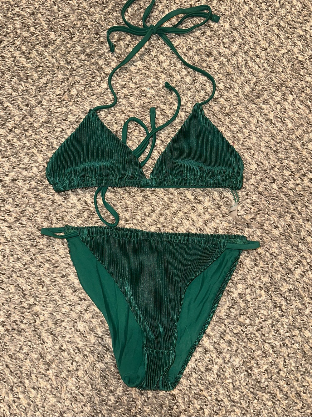 Fashion Nova Emerald Green Ribbed Plisse Triangle Bikini Set